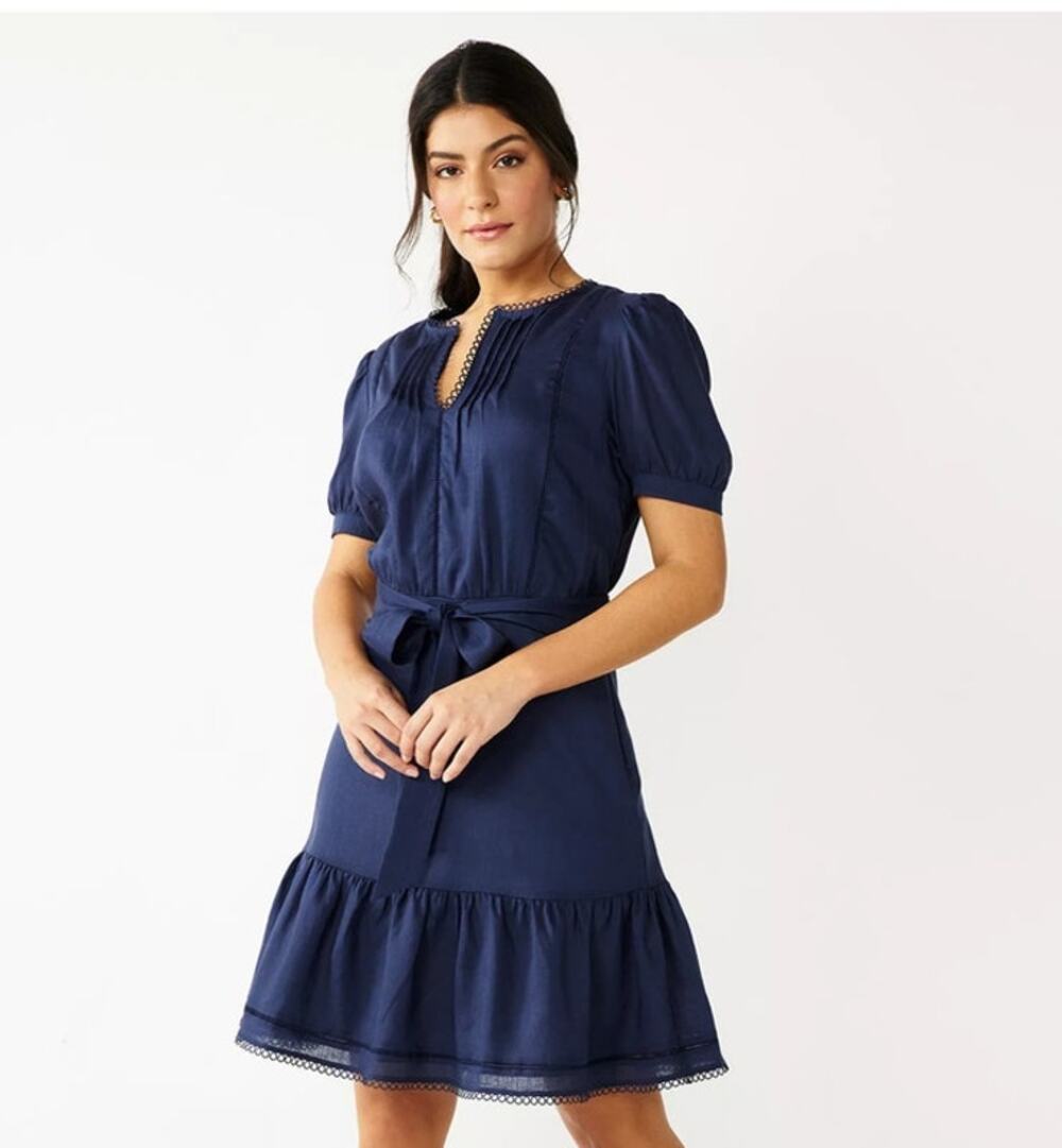Draper James RSVP Belted Short Sleeve Mini Dress Navy Blue M